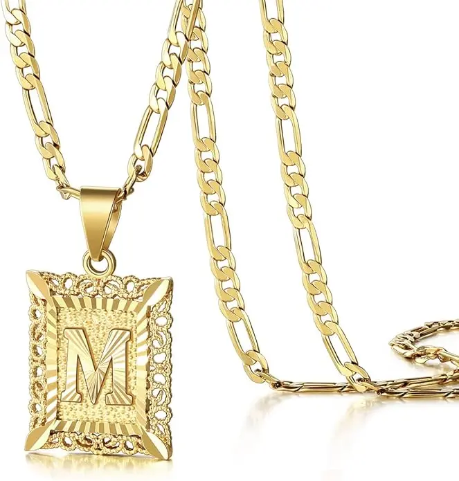 KissYan Initial Letter Pendant Necklace for Men Womens, 14K Gold Plated Square Capital Monogram Necklace Alhpabets from A-Z Figaro Chain Necklace