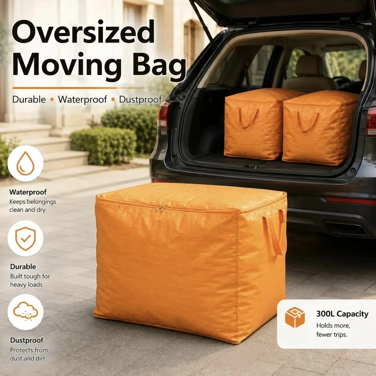 300L Extra Large Moving & Storage Bag, Thick Durable Dustproof Organizer for Clothes, Bedding, Dorm, Moving & Home Storage, Orange