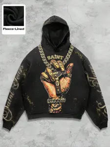 Jesus Saint Golden Chain Printed Hoodie for Men, Christian Printed Double layered Hat, European and American Street Casual Fashion Men's and Women's All Around Hoodie, Autumn and Winter Portrait Printed Hoodie, Ins Style Sweatshirts