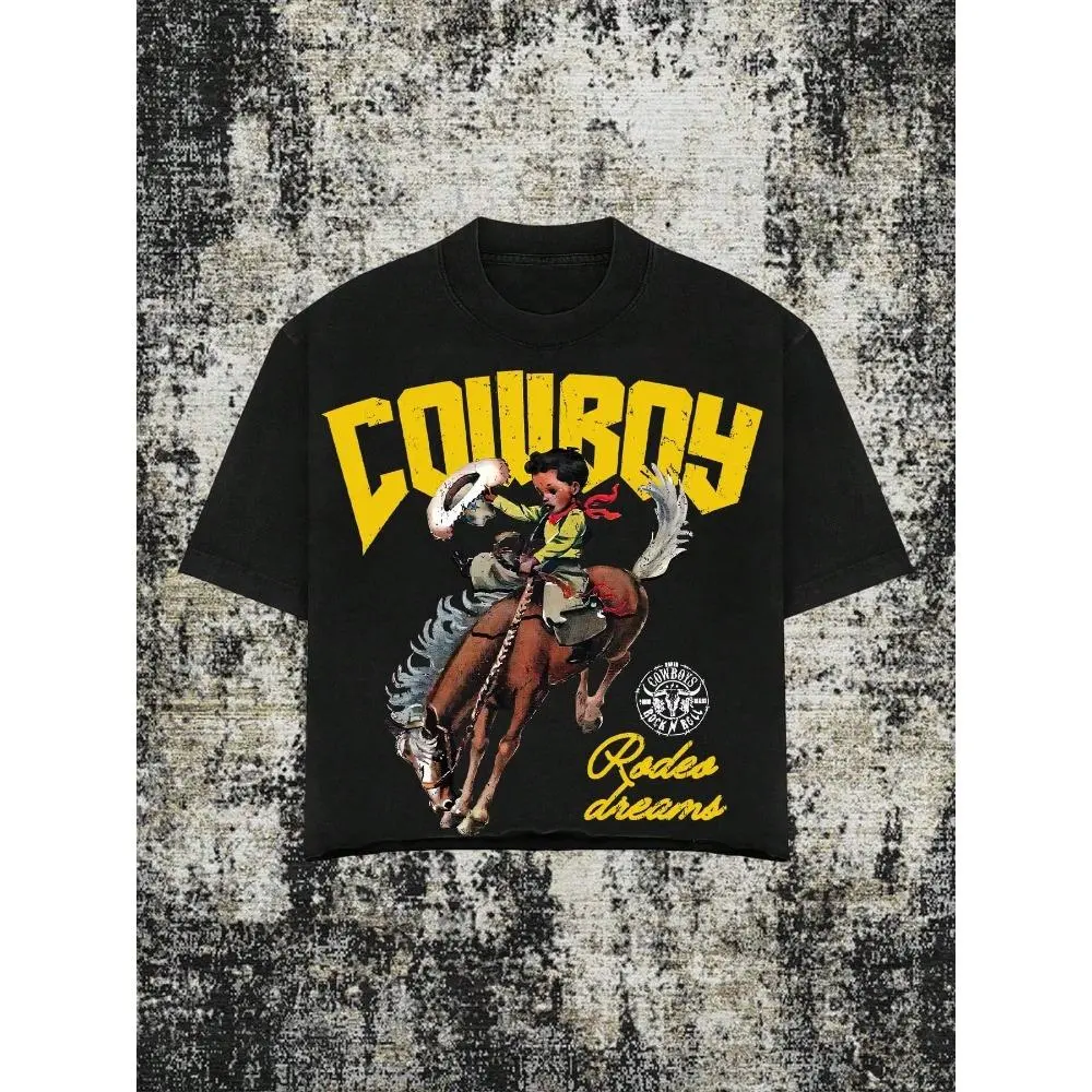 Women's 220 Cotton Fabric T-Shirt, Y2K Western Short-Sleeve Classic Tee, Soft Smooth "COWBOY Rodeo Dreams" Graphic Loose Casual Top