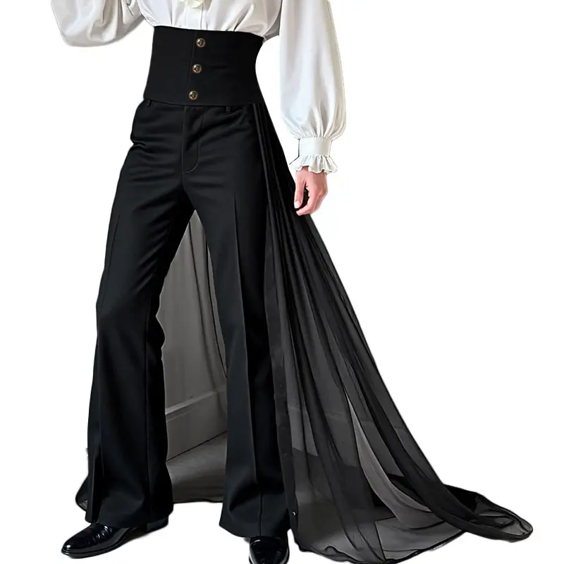 INCERUN Men's Vintage High-Waist Corset Pants with Button, Attached Sheer Train, Slim-Fit Flared Formal Trousers for Evening Gala, Wedding & Stage Performance, Attached Train, Classic, Gown‑Like Movement