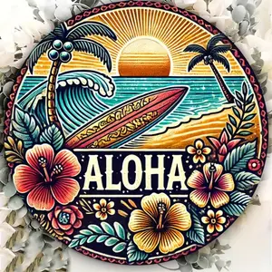 Vintage Aluminum Round Wall Art Decor for Home Room Restaurant Bar Cafe Garage Surf Tropical Beach Theme Engraved Metal Plaque 20cm