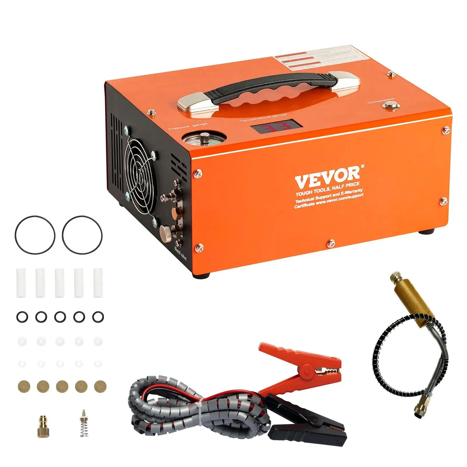 VEVOR 500W Built-in Power PCP Air Compressor, DC12V/AC120V, 4500PSI, Oil/Water Free, Durable, Intelligent Dual Display, Low Noise, Auto Shut-Off, 8mm Quick-Connect High-Pressure Hose, Battery Clamp, Accessory Pack for Home Use, Inflates Cylinders