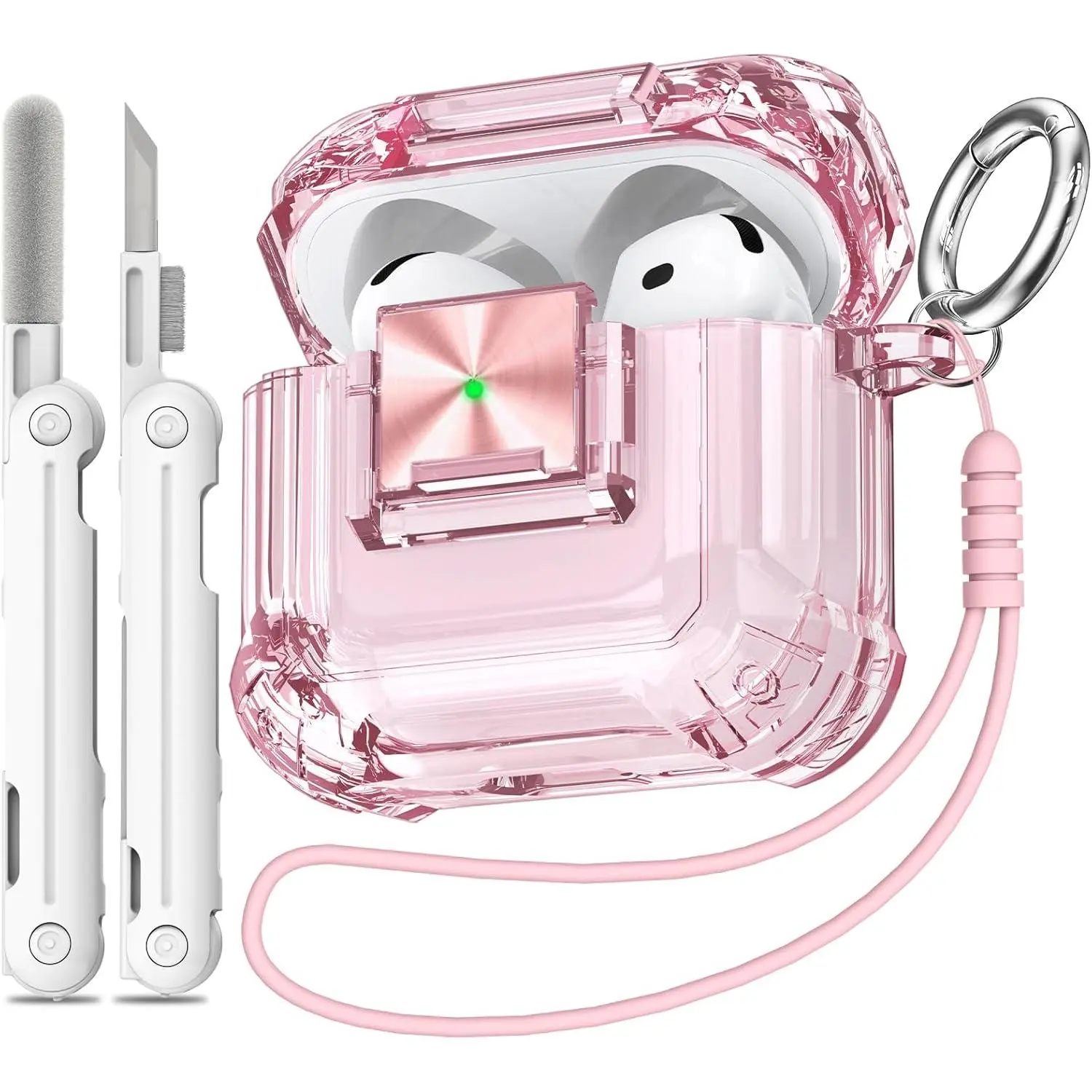 SQ-PCS015 Safety Lock for Airpods 4 Case, Clear Pink for Apple Airpod 4 Case (2024) (USB-C), for Airpod 4 Case Cover with Cleaner kit for Girly Women, Air Pod 4 Case with Lanyard and Keychain, Clear Pink