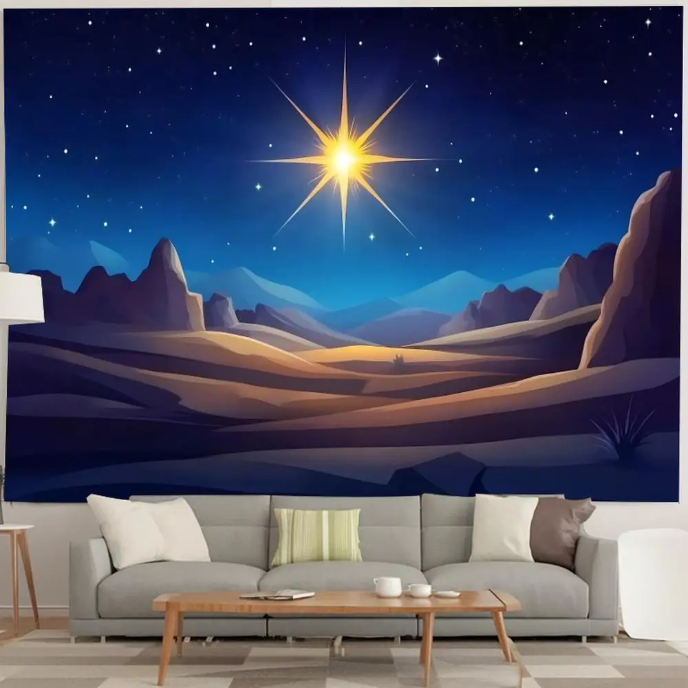 1pc 2D Flat Polyester Starry Night Nativity Scene Banner - Vibrant Desert Landscape with Golden Sun, Wall Art, White Tapestry for Home, Party Decor Living Room Backdrop