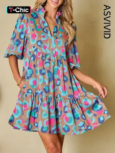 Women's All Over Print Frill Trim Ruffle Hem Smock Dress, Casual Boho Elegant Lantern Sleeve Notched Neck Dress for Spring & Fall, Women's Clothing for Daily Wear