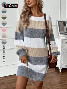 Women's Colorblock Striped Casual Chic Fitted Sweater Dress, Womenswear, Long Sleeve, Elegant Fashion Style, Perfect for Fall & Winter, Daily Wear, Casual Wear, Parties, Dates