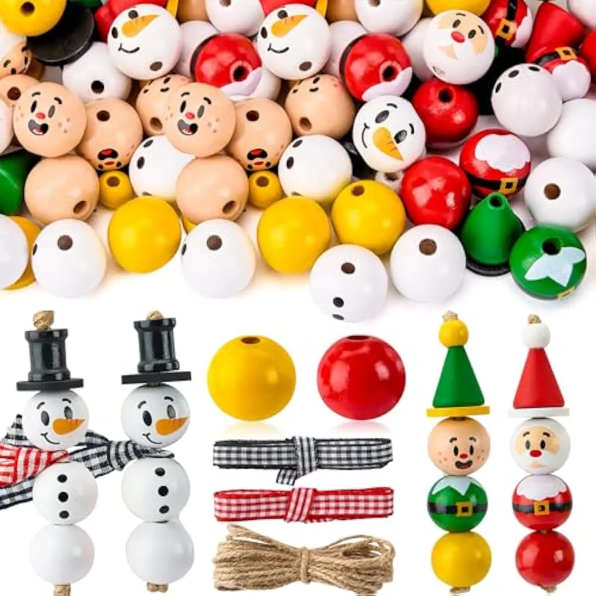 173 Pcs Christmas DIY Wooden Beads Craft, Printed Wood Round Beads Make Up to 30 Hanging Ornaments of Snowman, Santa Santa & Elf for Christmas Craft, Xmas Holiday Decoration,Art Activities