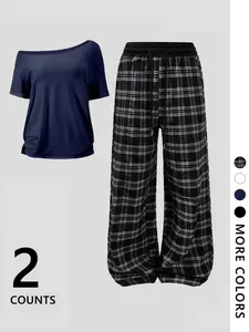 Women's Off-Shoulder Loose Short Sleeve Top with Plaid Pants Set, Fashionable and Comfortable, Ideal for Daily Activities and Home Wear