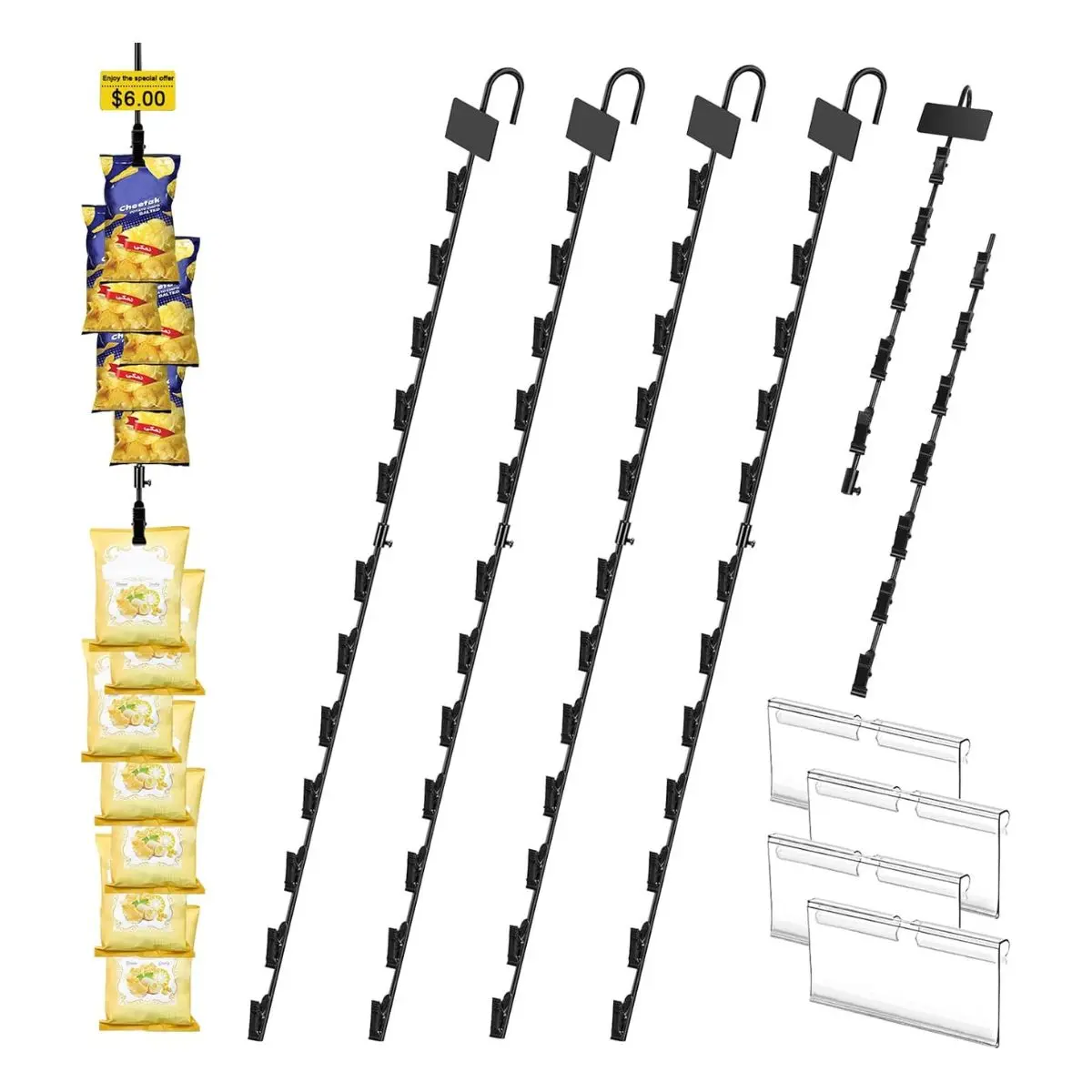 4 Pack Hanging Chip Clip Strips – 32 Inch Snack Display Rack with 48 Clips for Retail Merchandising