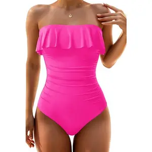 Holipick Black Strapless One Piece Swimsuits for Women Tummy Control Bandeau Bathing Suits Ruffle Slimming Swimwear  SwimWeek  summervibes