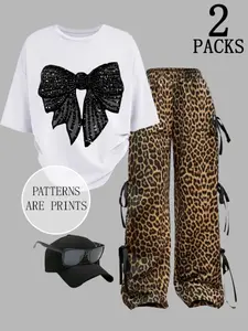 Women's Casual Fashion Streetwear Loose Short Sleeve T-Shirt Set, Spring Bowknot Pattern Slim Fit Top & Leopard Print Straight Pants, Y2K Style