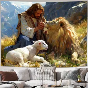 Elegant Wall Hanging Tapestries Peaceful Jesus Lion and Lamb Design 12x16 16x24 20x30 24x36 inch Home Decor for Living Rooms Bedrooms Offices Parties Serene Expression Art
