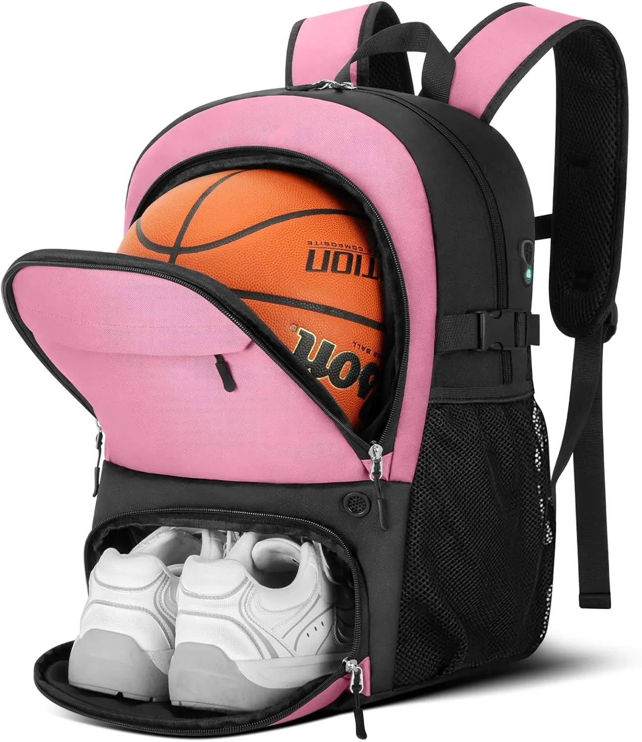 Lightbiz 34L Large Capacity Basketball Backpack with Ball Holder & Ventilated Shoe Compartment, Water-Resistant Sports Equipment Bag with USB Port & Reflective Strips for Basketball, Soccer, Volleyball, Gym, School, Travel, Men, Women, Boys & Girls