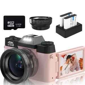 Digital Cameras for Photography, 4K 48MP Vlogging Camera 16X Digital Zoom Manual Focus Students Compact Camera with 52mm Wide-Angle Lens & Macro Lens, 32G Micro Card and 2 Batteries (Pink)