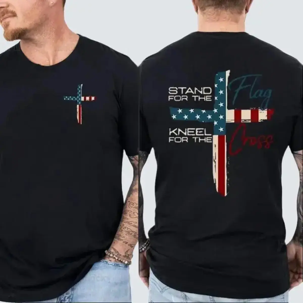 2026 New Menswear Boxy Fit Short Sleeve Casual T-Shirt - 100% Premium Heavyweight Pre-shrunk Cotton Top, Patriotic Conservative Christian Faith Flag Cross Design Shirt for Men, Tshirt, Shortsleeve