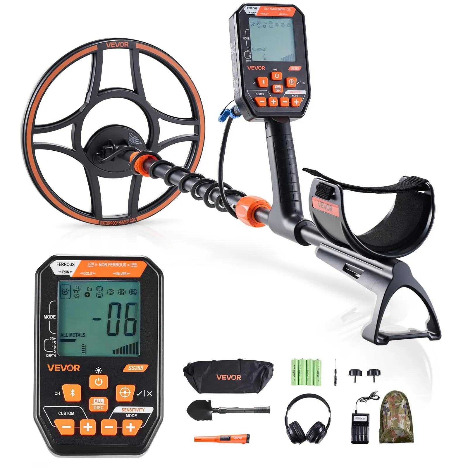 VEVOR Handheld Waterproof Metal Detector, 12" Professional High-Accuracy Gold Detector for Adults, IP68, with Display, Wireless Headphones, 7 Modes, Adjustable Length for Treasure Hunting, Handheld Metal Detector