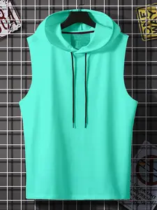 Men's Casual Hooded Tank Top, Sleeveless Gym Muscle Tee, Polyester Fitness Shirt, Summer Workout Clothing, Gym Clothes Workout, Daily Wear