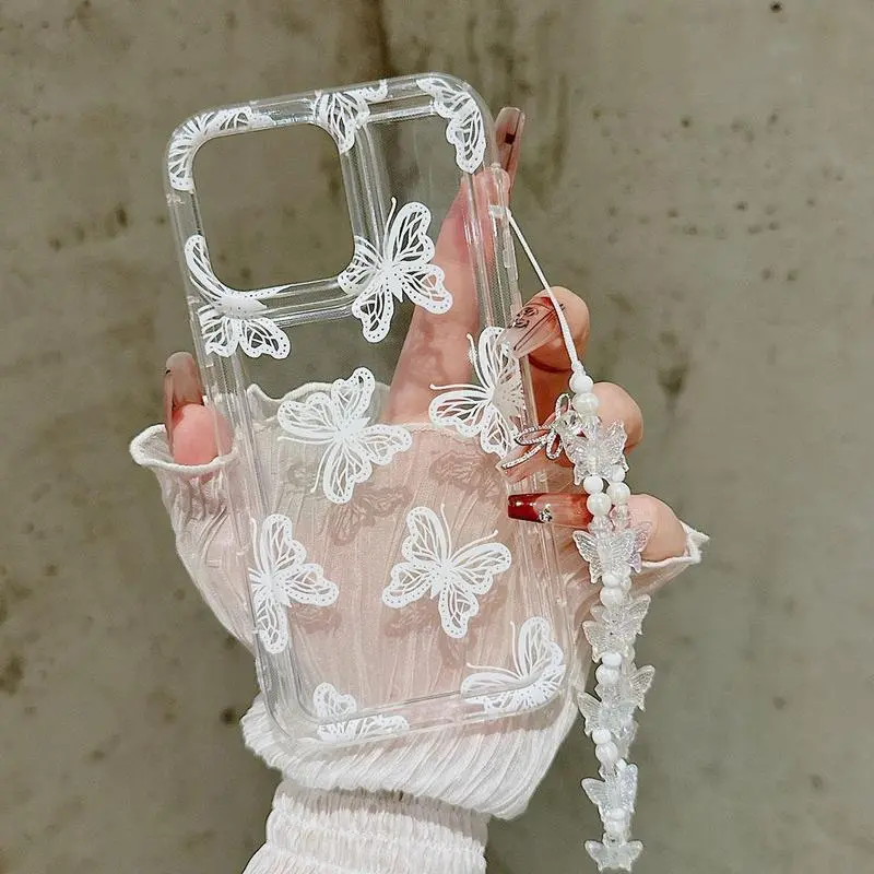 Butterfly Decor Soft TPU Flexible Full-Body Airbag Shockproof Protection Phone Case with Wrist Strap ,Clear Cover For iPhone 17 16 15 14 13 12 11 Pro Max Plus Air