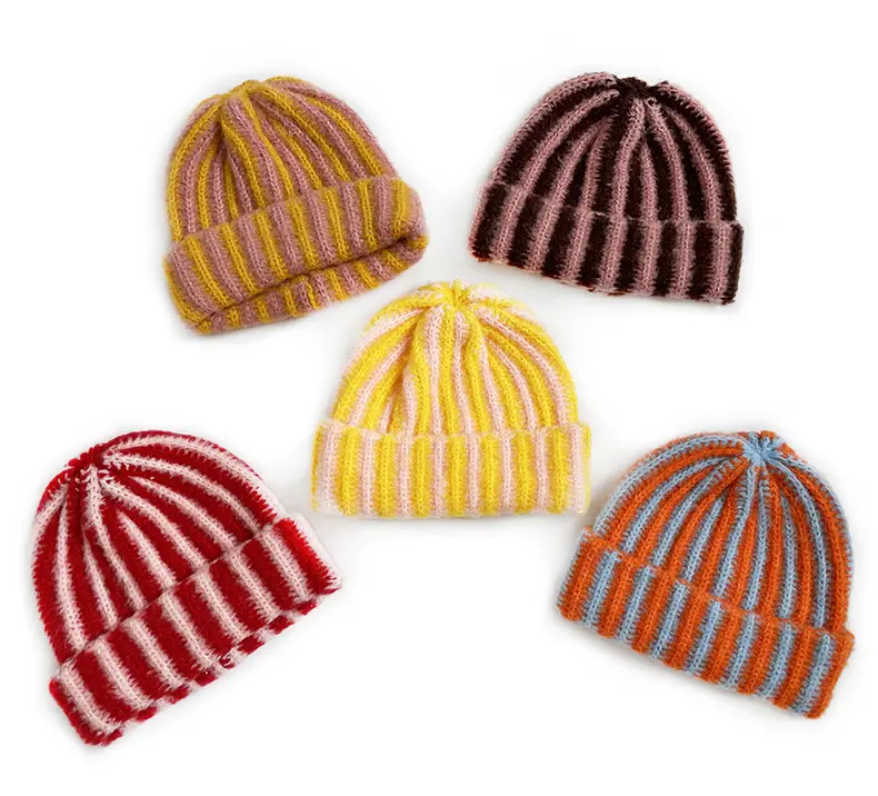 Unisex Gradient Stripe Fold-Cuff Knit Beanie - Y2K Trendy Warm Winter Streetwear Hat, 1/2/3/5-Piece Multi-Color Value Packs