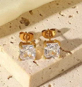 Square Diamond Stud Earrings Gold Plated Stainless Steel Elegant Fashion Accessory for Women