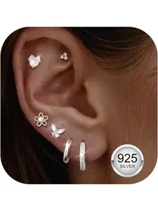 6 Pairs 925 Silver Earrings for Women Hoop Earrings Set Earring Stacking Set Hypoallergenic 14K Gold Plated CZ Leaf Ball flower Helix Conch Cartilage Tragus Piercing Jewellery Earring Sets for Multiple Piercings