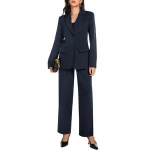Casly Lamiit Women's 2 Piece Pant Suit Business Casual Outfits Striped Notched Collar Blazer Wide Leg Pants Sets for Office & Events Navy Blue