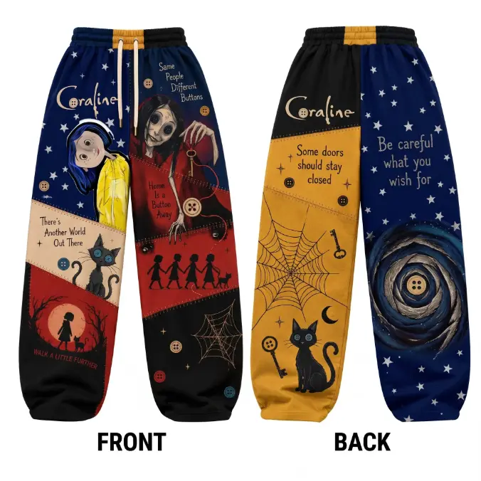 Spooky Button Graphic Sweatpants, Horror Patchwork Wide Leg Jogger Pants, Gothic Cartoon Lounge Pants, Unisex Streetwear