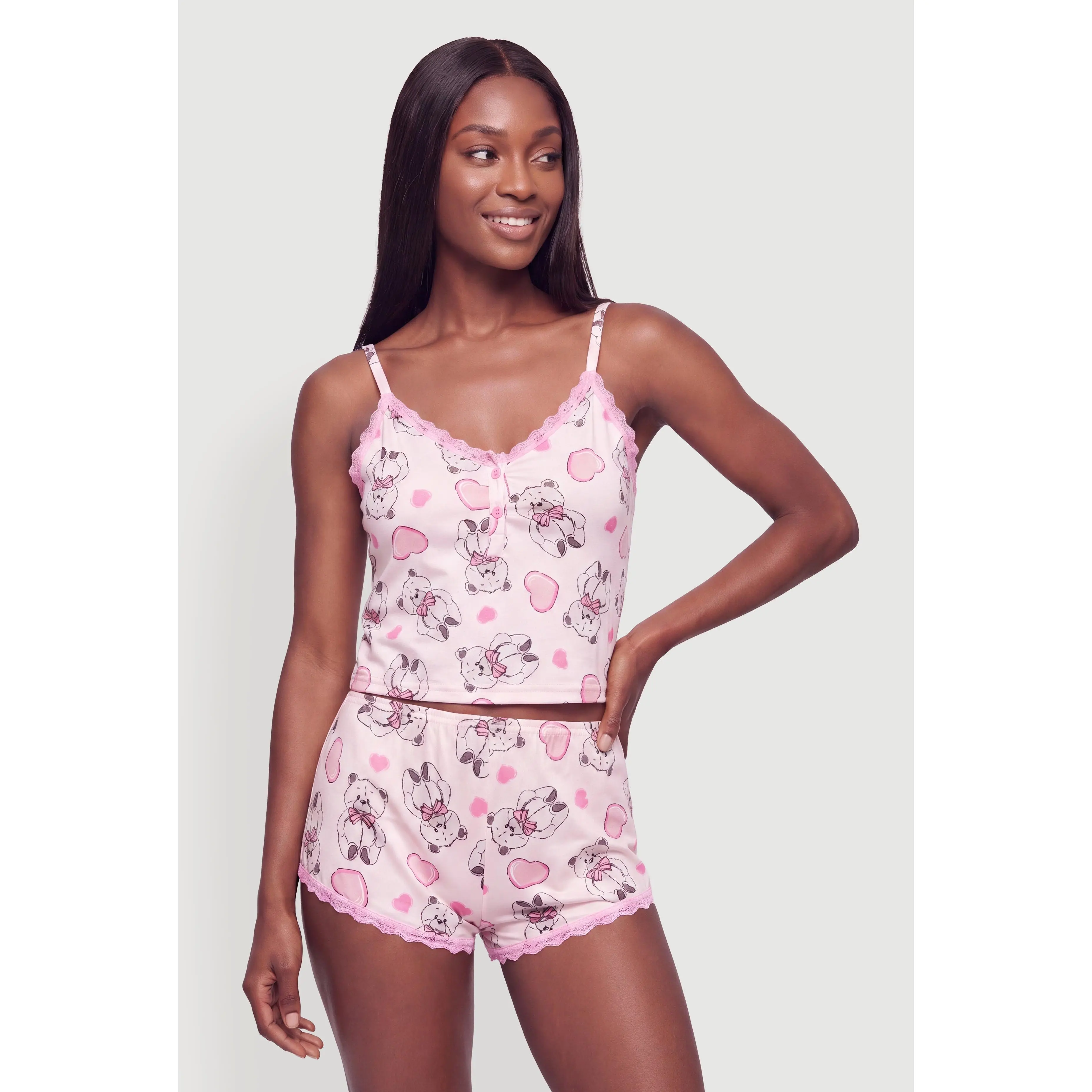 Lace Trim Bear Heart Print Pajama Cami and Boyshorts
