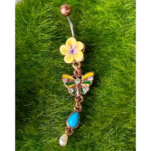 1pc Fimo Flower Vintage Belly Ring w/ Butterfly Dangle Navel Naval Body Jewelry