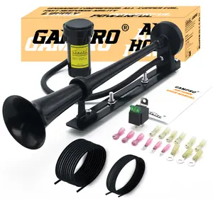 GAMPR 12V 150DB Air Horn with bracket Kit, 17.5 Inches Chrome Zinc Single Trumpet Truck Air Horn with Compressor and bracket for Any 12V Vehicles Motor Trucks Lorrys Trains Boats Cars