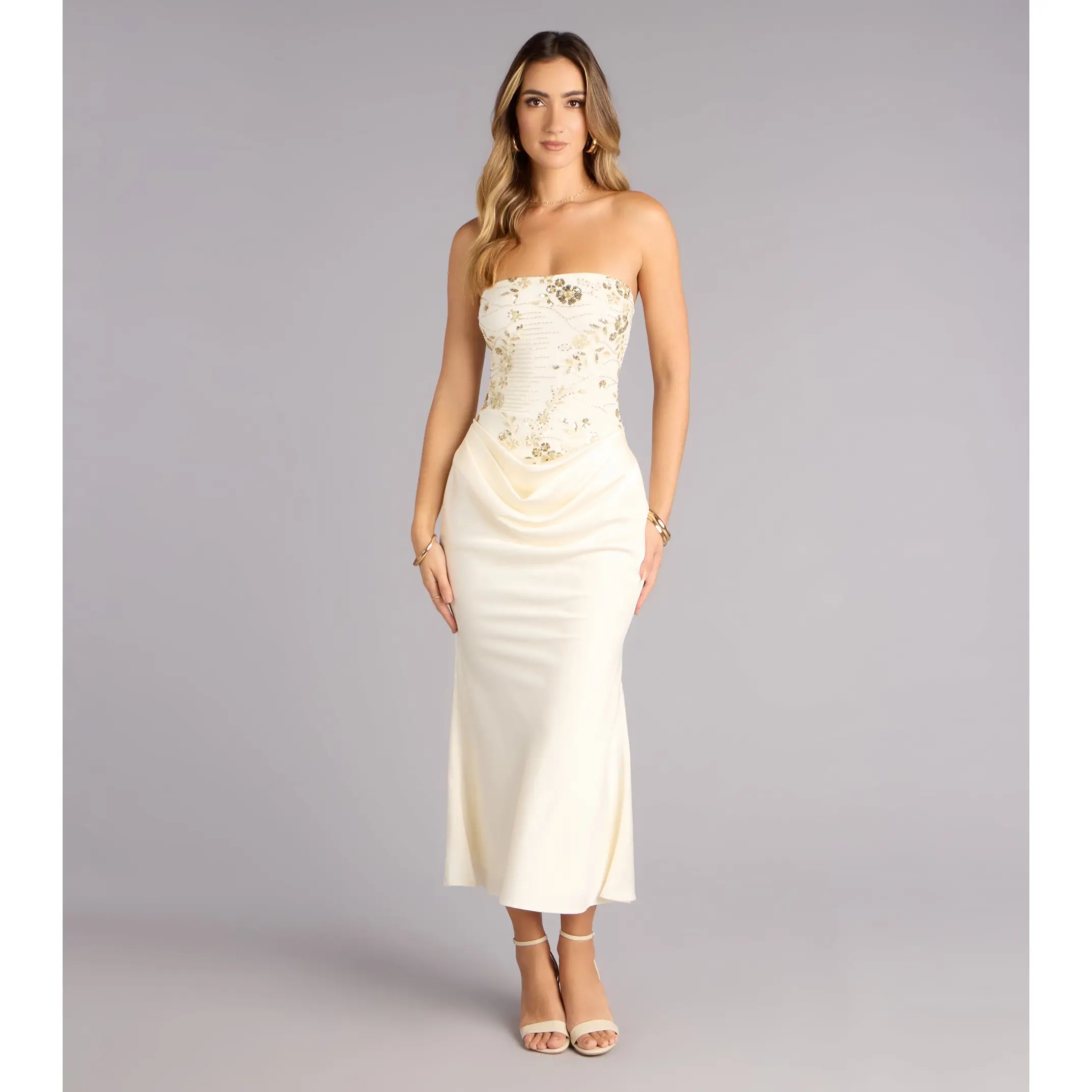 Satin Glow Strapless Beaded Midi Dress