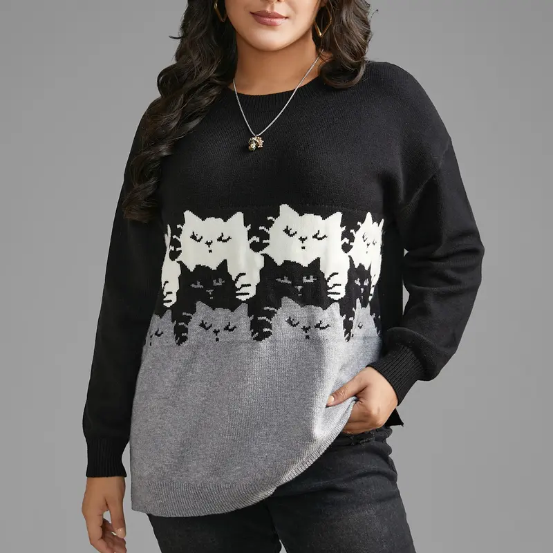 BloomChic Cat Contrast Drop Shoulder Pullover 【M-6XL】