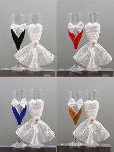 Mr & Mrs Champagne Cup Suit Suit Wedding Dress Style Wish Wine Glass with White Lace and Shell Reusable Decorative Goblet Best Choice for Engagement, Anniversary, Christmas, Thanksgiving Gifts, Beach Wedding and Cruise Wedding