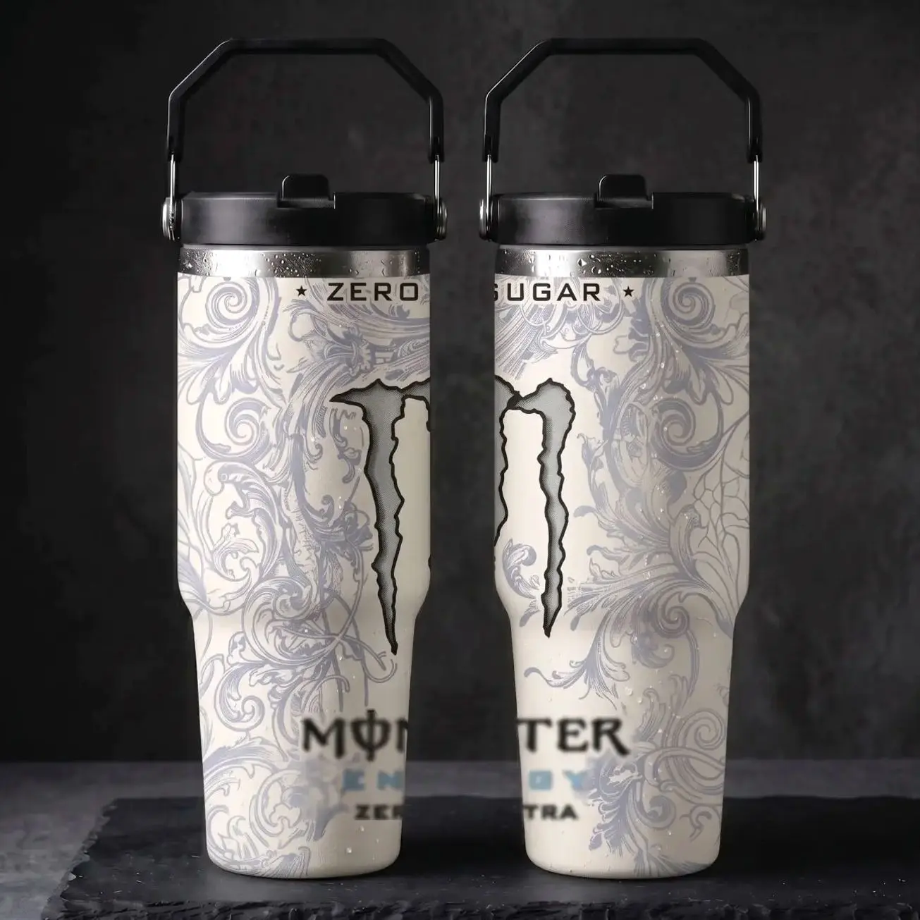 White Monster Energy Drink 30oz Tumbler with Handle & Straw – Stainless Steel Vacuum Insulated Travel Mug, Leak Resistant Cup for Coffee, Water & Energy Drinks