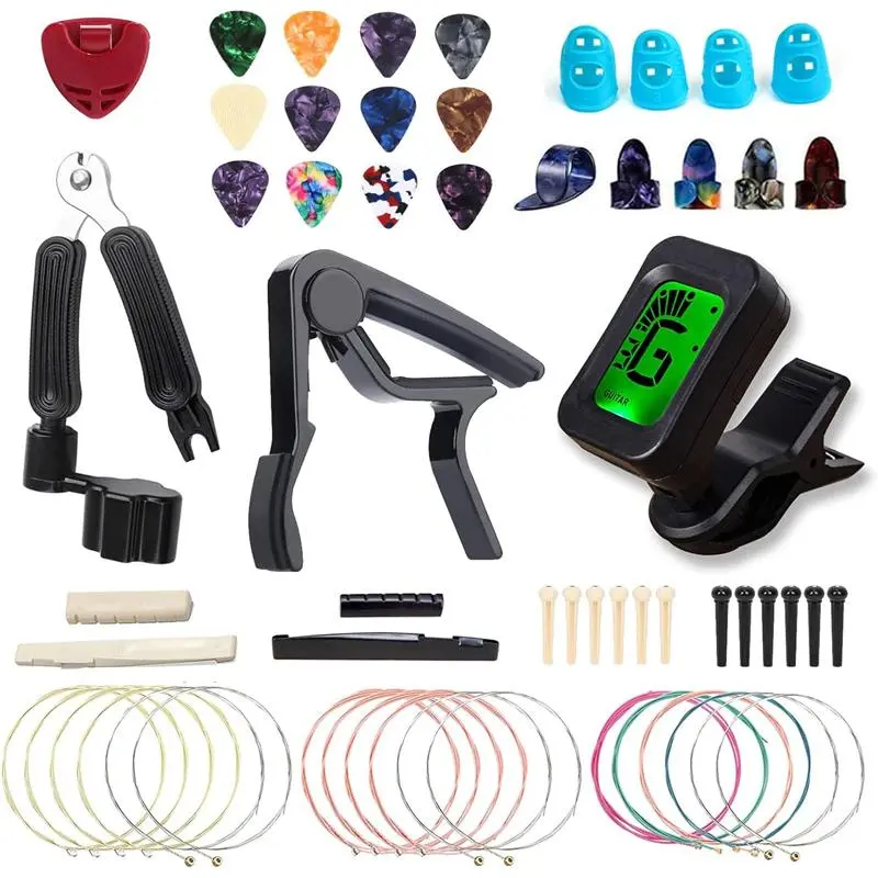 Guitar Accessories Kit with 3 Sets Strings, Tuner, Capo, 3-in-1 Tool, Picks, Finger Protectors, Thumb Picks, Bridge Pins, Nuts, Saddles for Acoustic Guitar, Ukulele, Bass, Violin