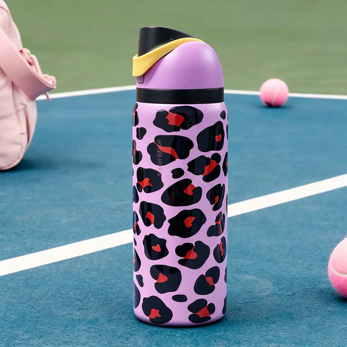 Stylish Ow Pink Leopard Print 304L Stainless Steel Insulated Portable Tumbler with Straw - Double-Walled Vacuum Flask, 32oz/945ml, 100% Leak-Proof, ABS, Modern - for Camping, Office, Sports Gear