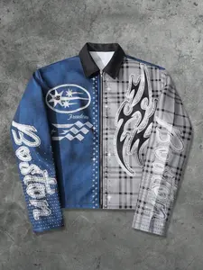 Men's Patchwork Flame Plaid Fitted Jacket, Long Sleeve Streetwear Trendy Outerwear Coats, Unique Sparkle Shiny Aesthetic Design, Ideal for Street Style, Outdoor, Daily Wear, Menswear