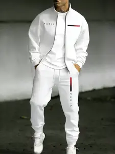 Men's Streetwear Tracksuit 2-Piece Set with PARIS Letter Print, Zip-Up Jacket and Jogger Pants