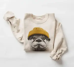 Retro River Otter Wearing Beanie Unisex Sweatshirt & Tshirt Gift For Him or Her