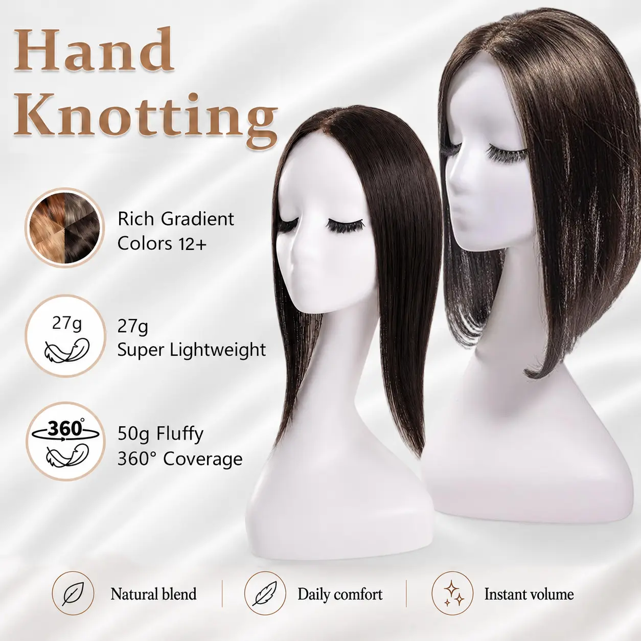 EC Hair Topper for Women – 27g Lightweight & 50g Fluffy 360° Coverage, 14 Inch Straight Synthetic Hairpiece with Hand-Knotted Lace Base, 3 Clip-In Design, No Glue No Sew, Covers Grey Roots, Adds Instant Volume for Thinning Hair, Super Lightweight, Snap In