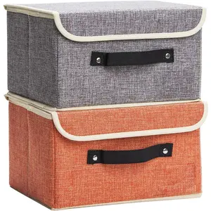 Small Storage Boxes with Lids 2 Pack Linen Collapsible Cube Storage Basket with Handle & Label,  Foldable Fabric Storage bins for Shelf & Closet to storage Clothes & Toys Organiser Grey
