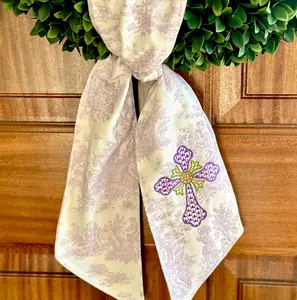 Custom purple Easter cross wreath sash, personalized christening toile swag, monogrammed grandmillennial wreath scarf gift for baby shower