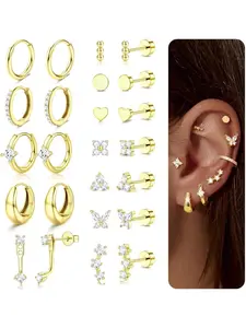 Trendy 14K Gold Silver Stud Hoop Earrings for Women Men Hypoallergenic Surgical Steel Flat Back Earrings Stud Huggie Earring Sets for Multiple Piercing Conch Cartilage Earring Tragus Helix Piercing Jewellery
