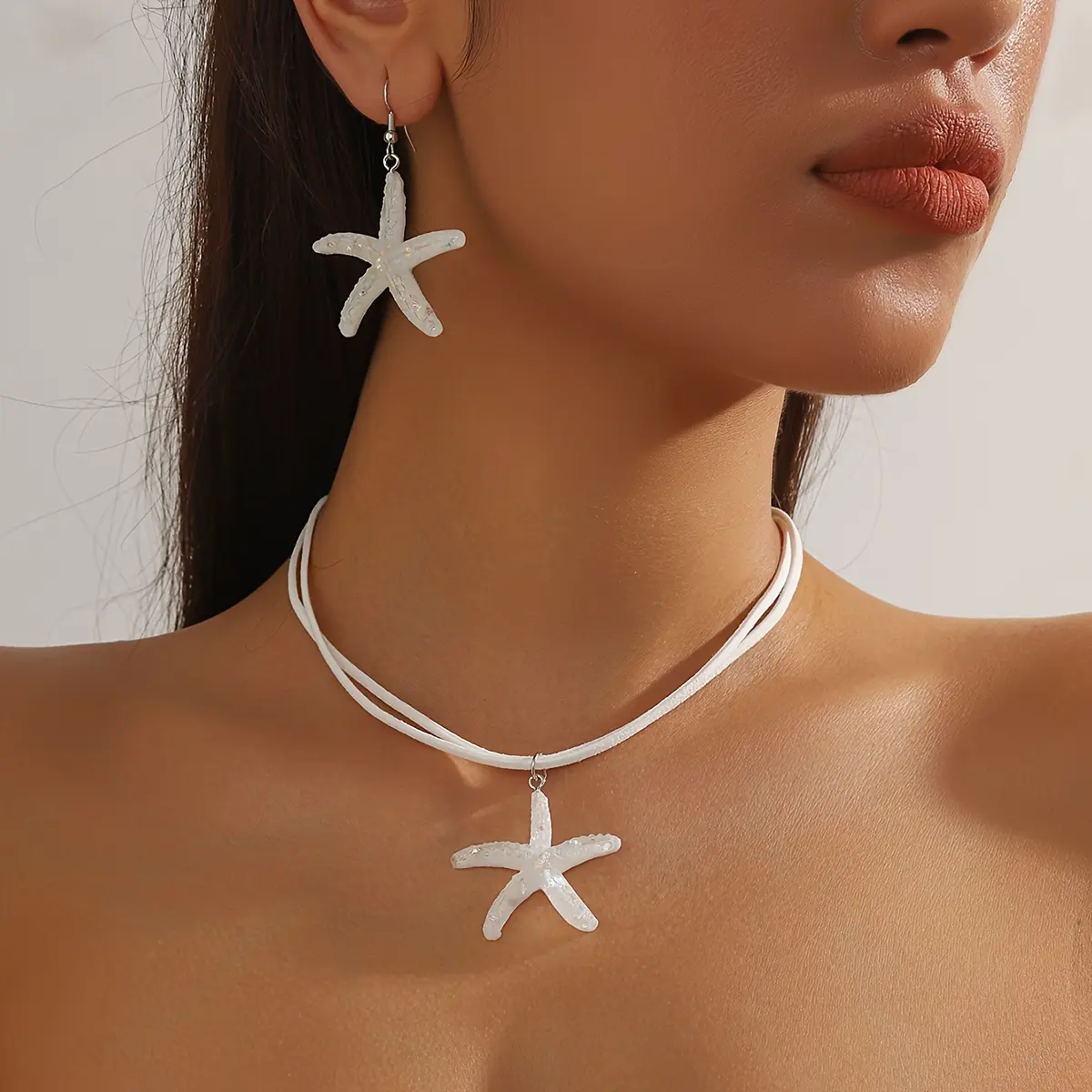 Bohemian Women Earrings & Necklace Set Vintage Starfish Drop Earrings Chic Handmade Vacation, Beach-Inspired White Starfish Pendant Fashionable Necklace Set Vacation Travel Beach Jewelry Gift Set