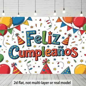 2D Flat Banner 1pc - Spanish Happy Birthday Banner with Colorful Balloons and Confetti Design Featuring "Feliz Cumpleaños" Text - Durable Party Decoration, Suitable for Indoor/Outdoor Wall Decor, No Power Needed, All-Season Use