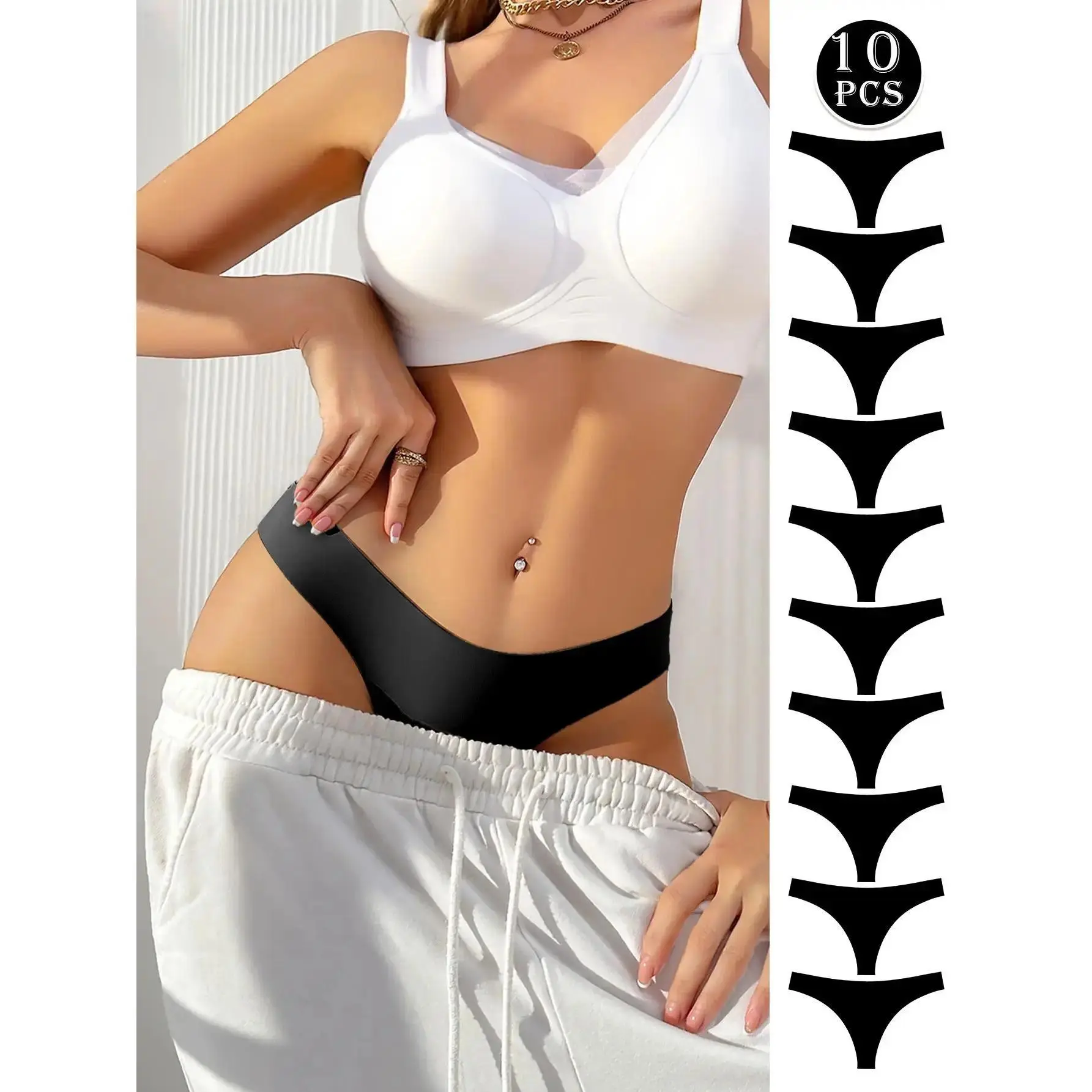 Women's Basic Solid Color Nylon Thong Panties - Minimalist, Breathable, Seamless, Soft Comfy Knickers, Female All-Season Daily Casual Underwear (3/10-Piece Options), Black (3 Pieces)