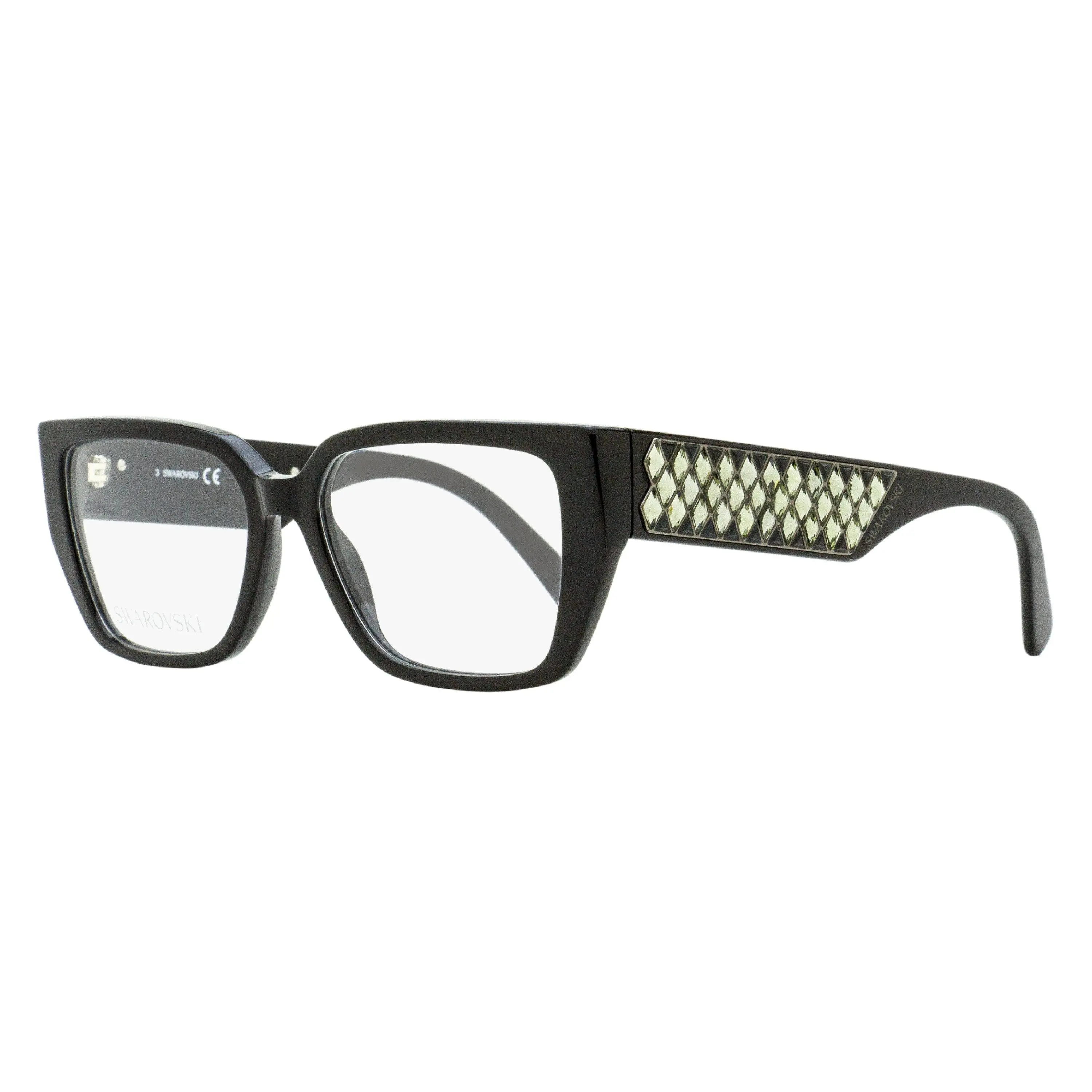 Swarovski SK5446 Lattice Women's Rectangular Acetate Eyeglasses, Luxurious Frames with Faceted Crystal Temples, Black, 54mm, Eyewear Fashion