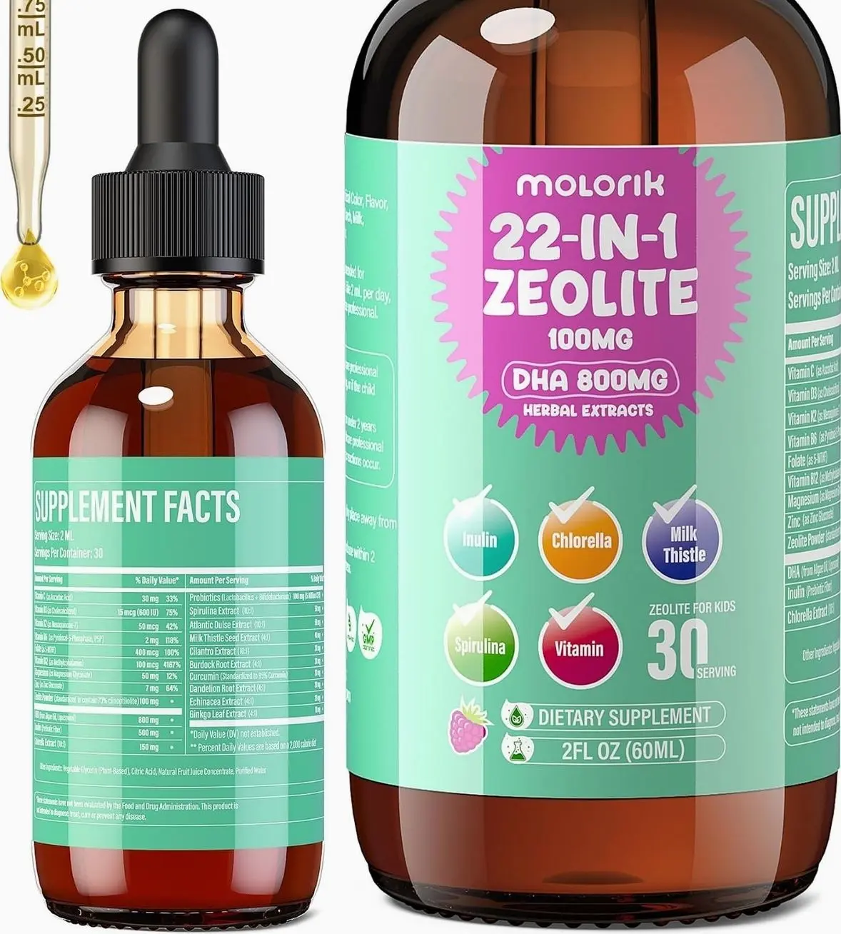 Zeolite Detox for Kids and Adults, Herbal Detox with 800mg DHA, 500mg Inulin, Probiotics & Vitamin B12, D3, C, B6, Cilantro Extract Cleanse to Support Brain, Immune, Gut, Energy, Berry Flavor, 60ML
