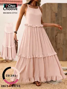 Women's Maxi Dress with Ruffle Hem, Loose Fit Basic Casual Summer Dress, Plain Pattern, All Seasons Wear, Vacation Style, Womenswear